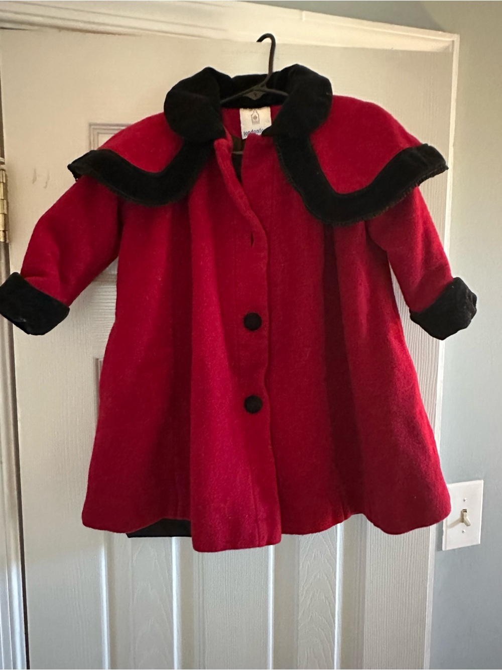 London Fog Red Wool Cape Coat with Black Trim - MISSING TOP BUTTON